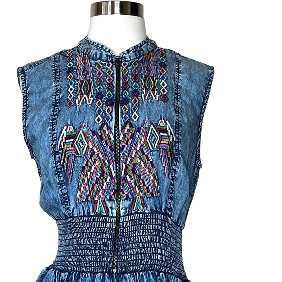 Label Ritu Kumar Denim-look Embroidered Sleeveless Dress- Size 3/ medium - Picture 2 of 11